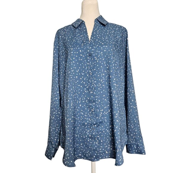 NWT Ann Taylor Button Down Blouse Womens SZ Large Blue Confetti Print Career Top - Picture 1 of 12